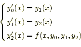 \begin{equation*}\left\{ \begin{aligned}y_0^{\prime}(x)&=y_1(x)\\ y_1^{\prime}(x)&=y_2(x)\\ y_2^{\prime}(x)&=f(x,y_0,y_1,y_2) \end{aligned} \right.\end{equation*}