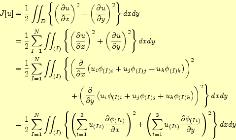 \begin{displaymath}\begin{split} J[u] &= \frac{1}{2}\int\!\!\!\int_D\left\{\lef...
...tial \phi_{(It)}}{\partial y}\right)^2\right\}dxdy \end{split}\end{displaymath}