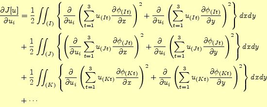 \begin{displaymath}\begin{split} \frac{\partial J[u]}{\partial u_i} &=  \frac{...
...}}{\partial y}\right)^2\right\}dxdy \\  &+ \cdots \end{split}\end{displaymath}