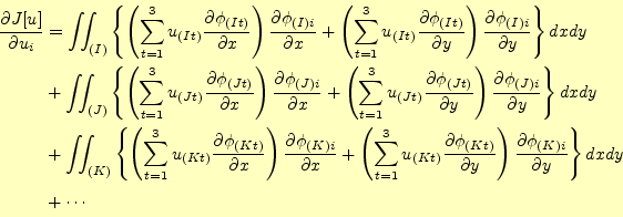 \begin{displaymath}\begin{split} \frac{\partial J[u]}{\partial u_i} &=  \int\!...
...i_{(K)i}}{\partial y} \right\}dxdy \\  &+ \cdots \end{split}\end{displaymath}