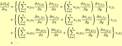 \begin{displaymath}\begin{split} \frac{\partial J[u]}{\partial u_i}  &= \left\...
...(K)i}}{\partial y} \right\} s_{(K)} \\  &+ \cdots \end{split}\end{displaymath}