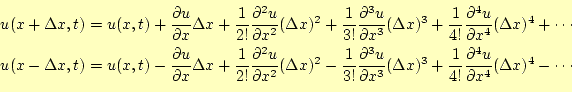 \begin{equation*}\begin{aligned}u(x+\Delta x,t)&=u(x,t) +\frac{\partial u}{\part...
...rac{\partial^4 u}{\partial x^4}(\Delta x)^4 -\cdots \end{aligned}\end{equation*}