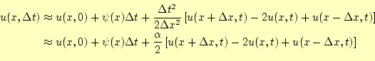 \begin{equation*}\begin{aligned}%
u(x,\Delta t) %
&\thickapprox u(x,0) +\psi(x...
...[ u(x+\Delta x,t)-2u(x,t)+u(x-\Delta x,t)\right] %
\end{aligned}\end{equation*}