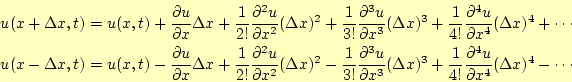 \begin{align*}\begin{aligned}u(x+\Delta x,t)&=u(x,t) +\frac{\partial u}{\partial...
...}\frac{\partial^4 u}{\partial x^4}(\Delta x)^4 -\cdots \end{aligned}\end{align*}